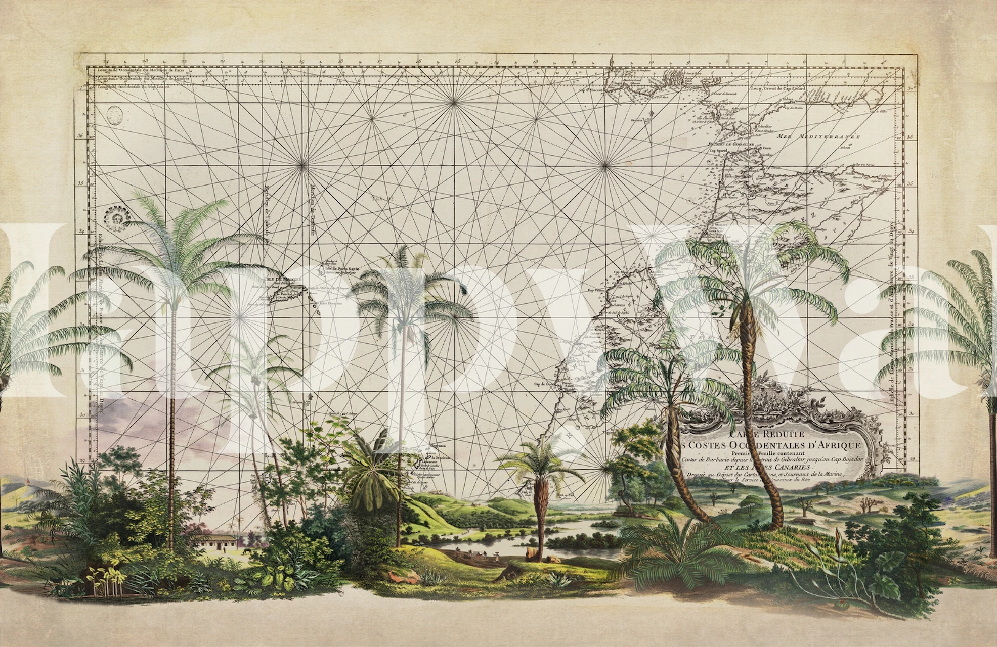 Vintage verdenskart veggmaleri med palmer