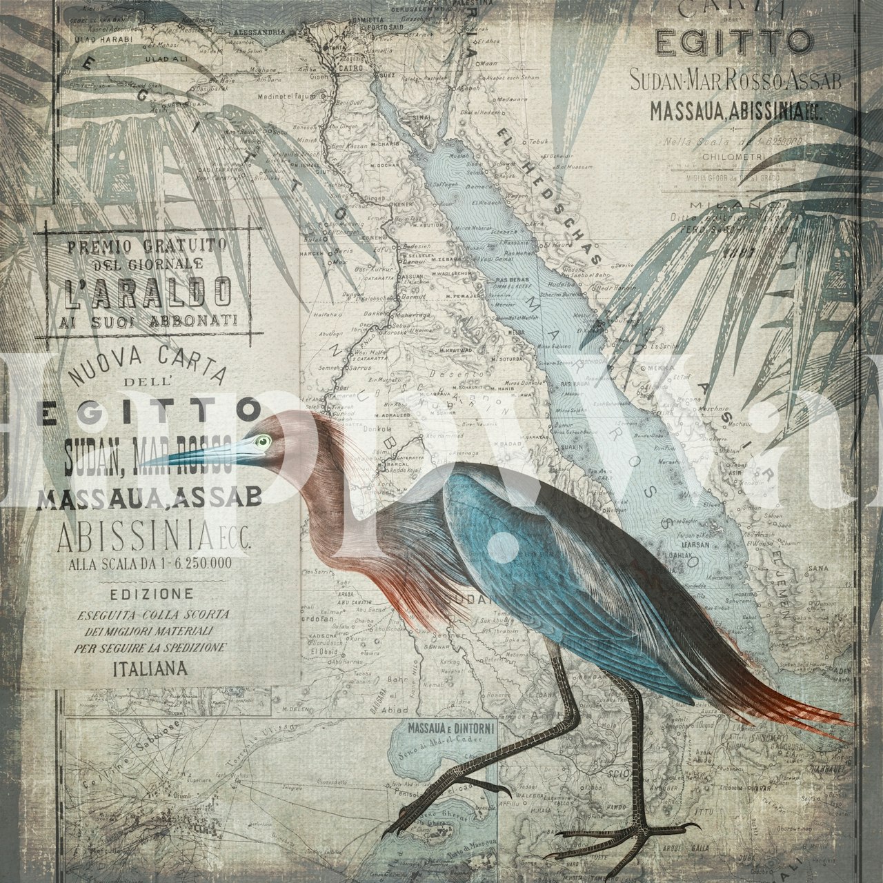 Vintage Egypt wallpaper featuring a heron