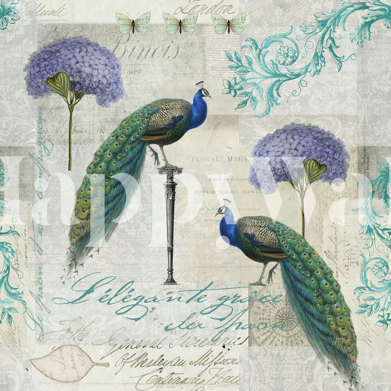 Vibrant peacock design with purple flowers and vintage script wallpaper