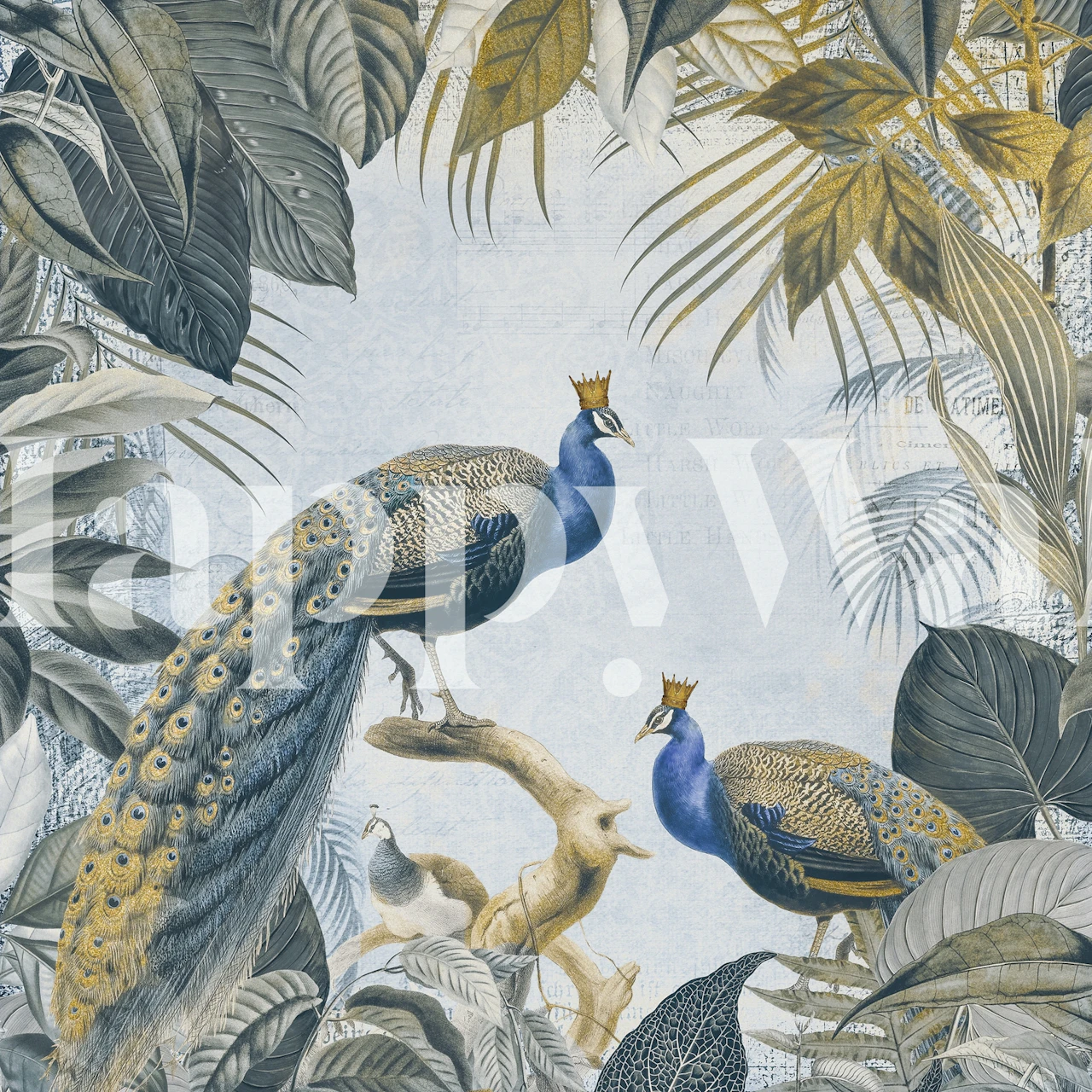 Two peacocks with crowns surrounded by tropical foliage wallpaper