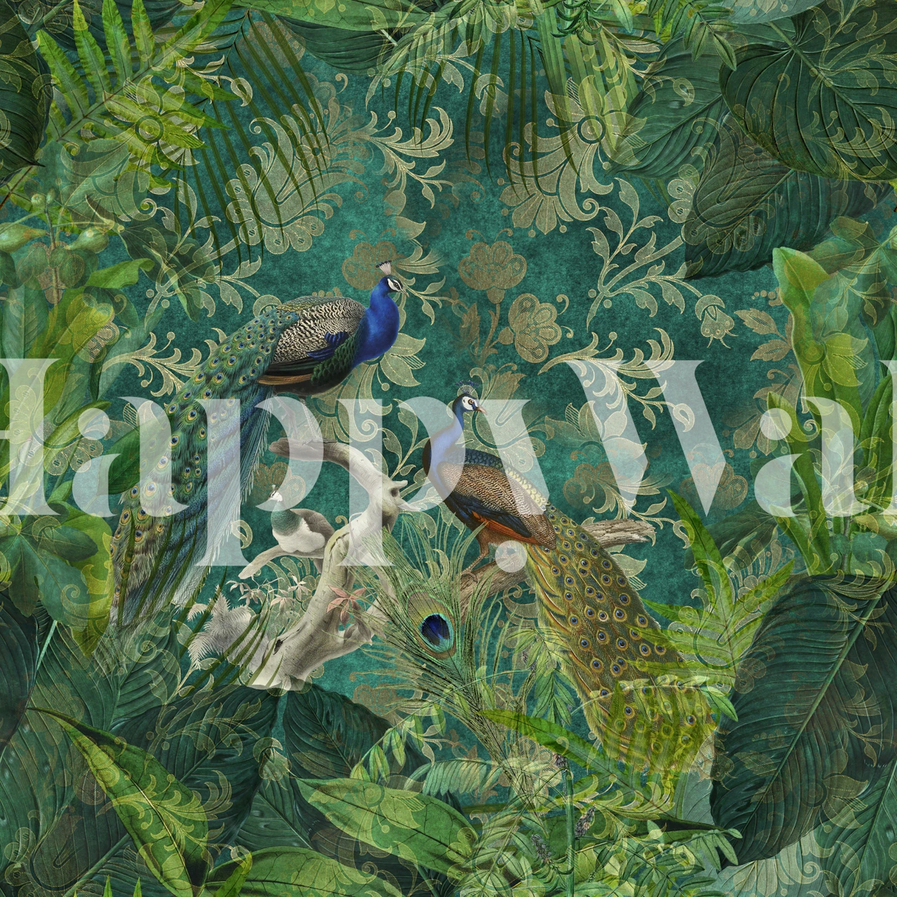 Tapet som skildrar en tropisk hawaiiansk regnskog med magnifika Peacocks