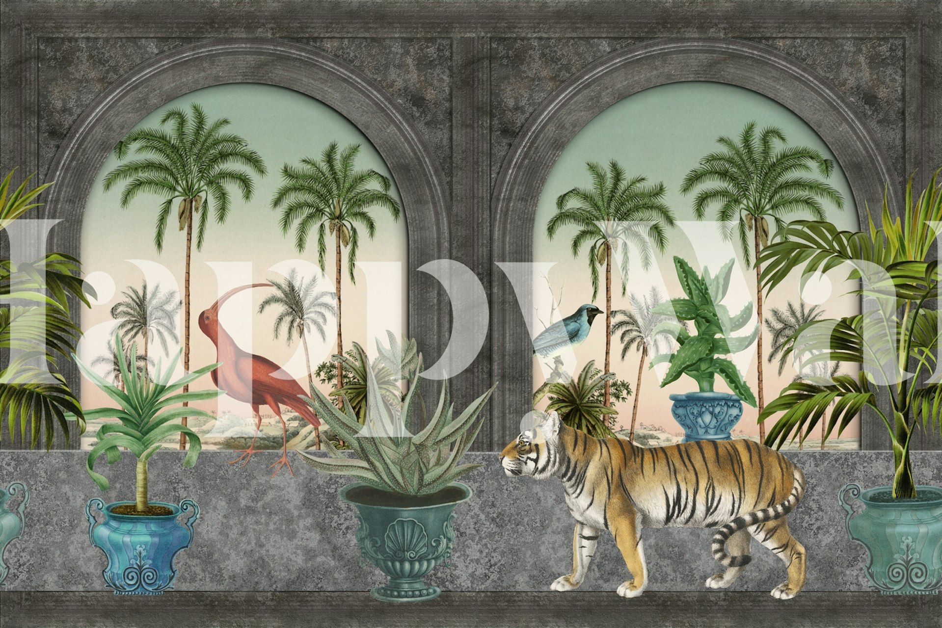 Tropical scene featuring a tiger, red bird, and plants in blue pots wallpaper