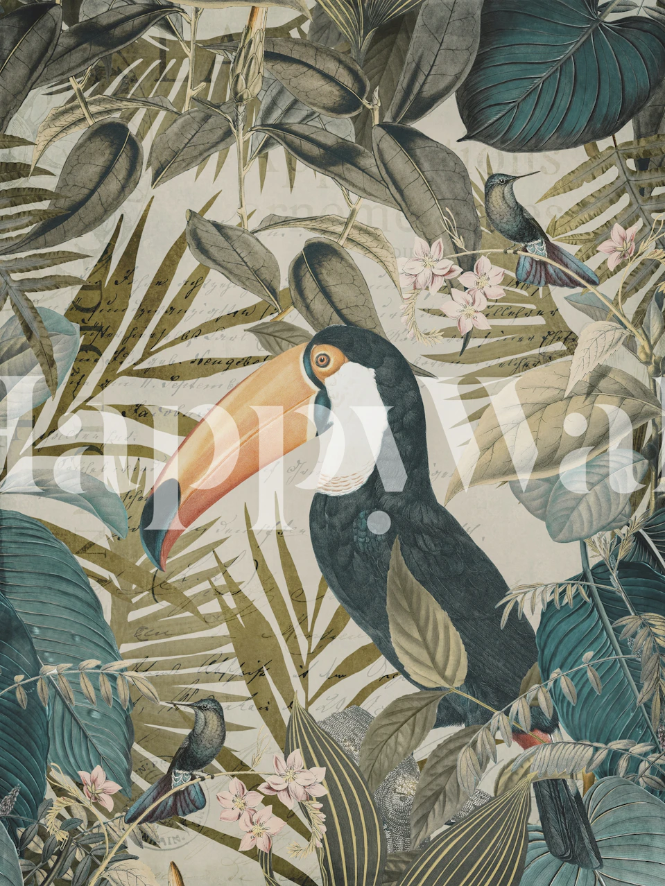 Tropical toucan and lush leaves in green wallpaper