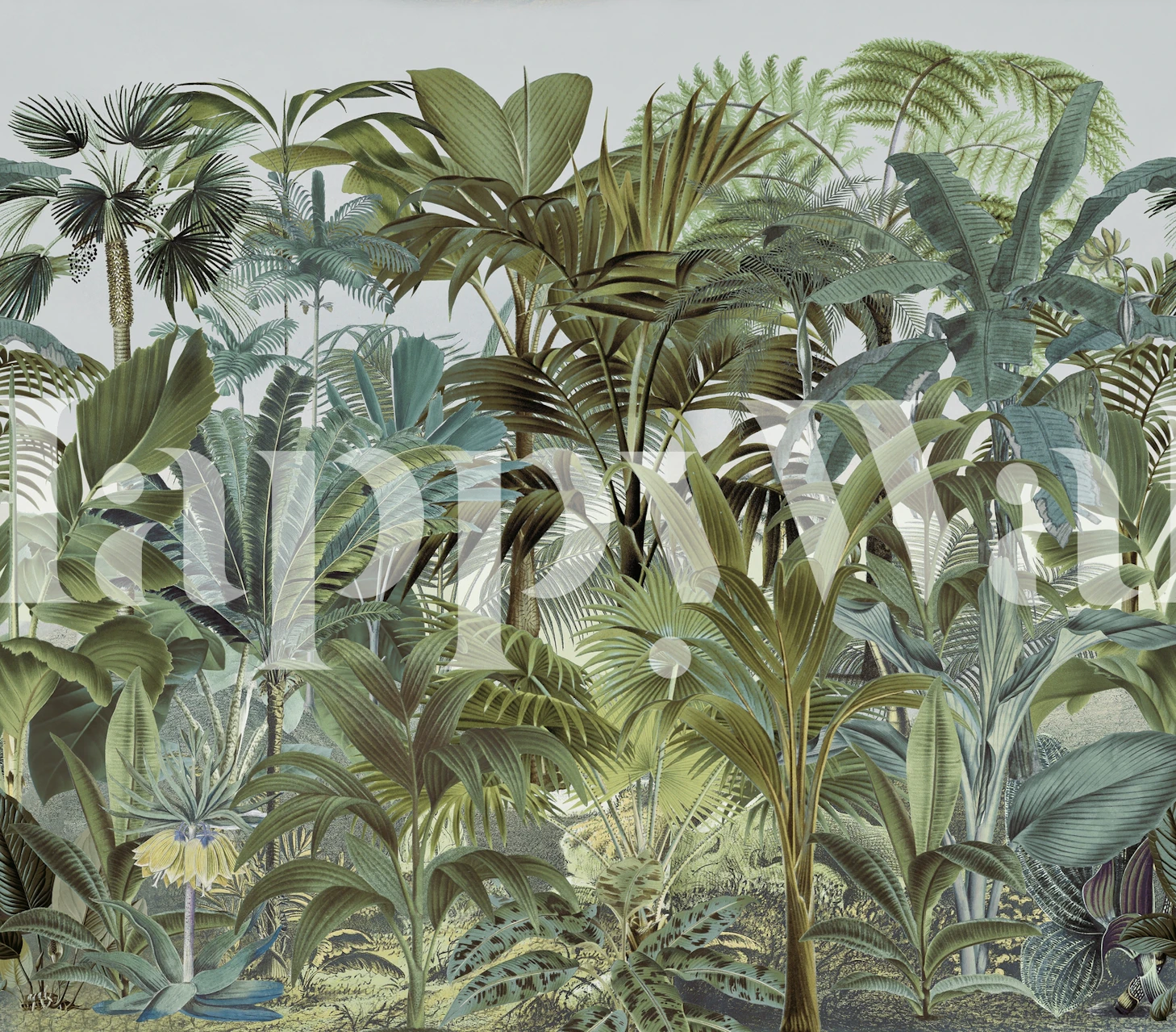 Groene tropische bladeren en planten op een lichte achtergrond wallpaper