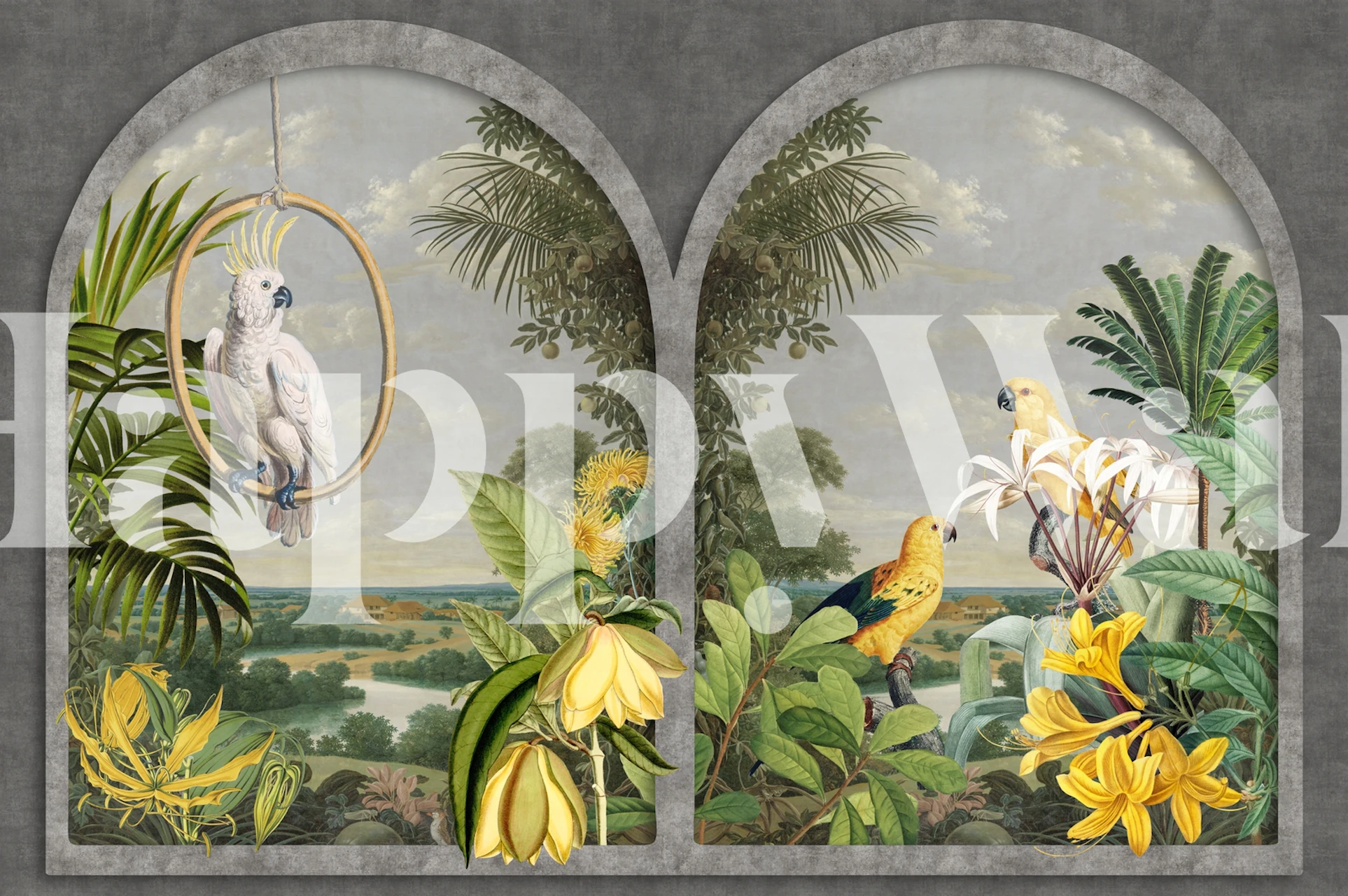 Łukowe okna z widokiem na tropikalną scenę z egzotycznymi ptakami i bujną zielenią na fototapecie