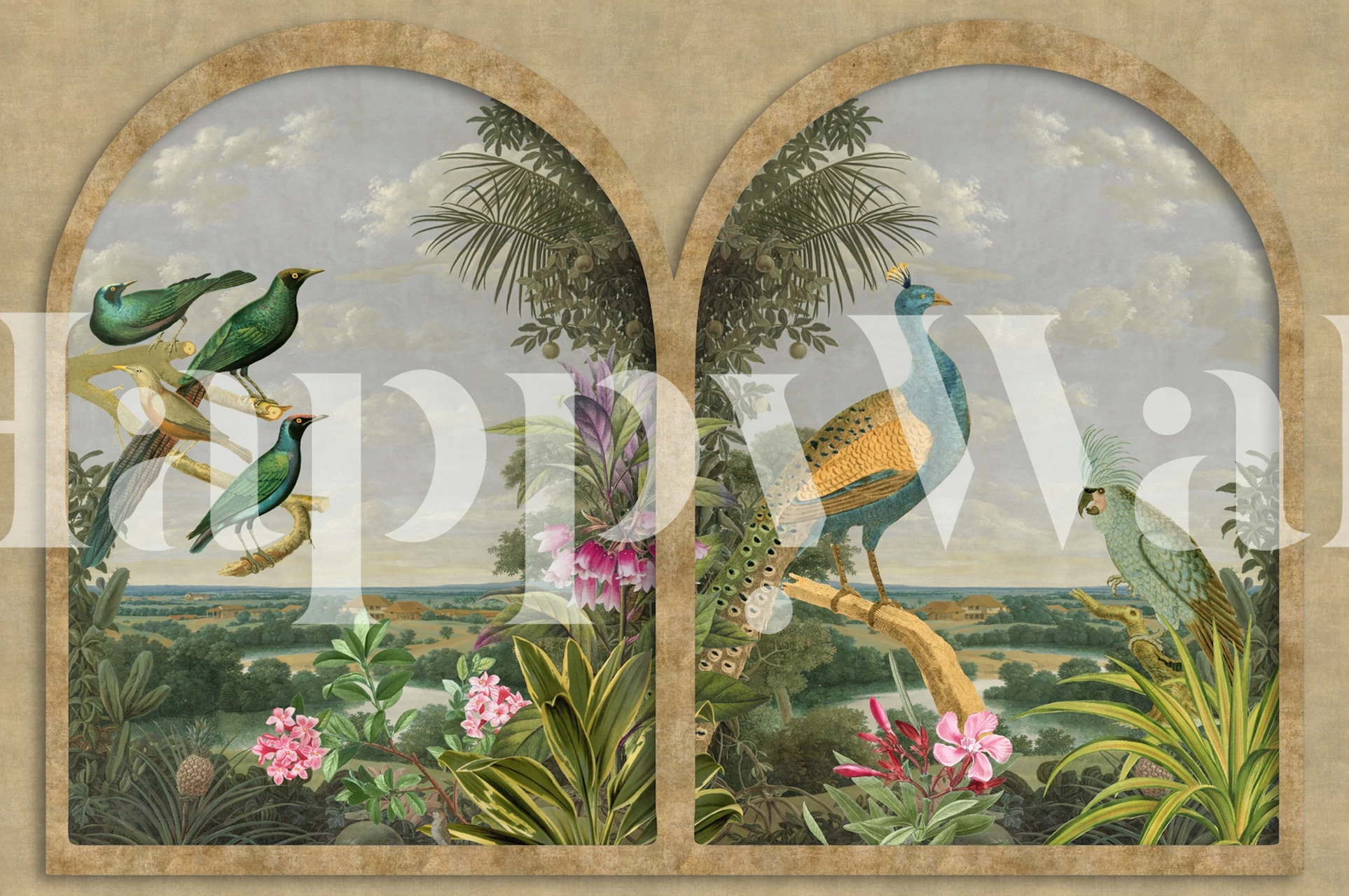 Papel tapiz con una escena natural con pájaros