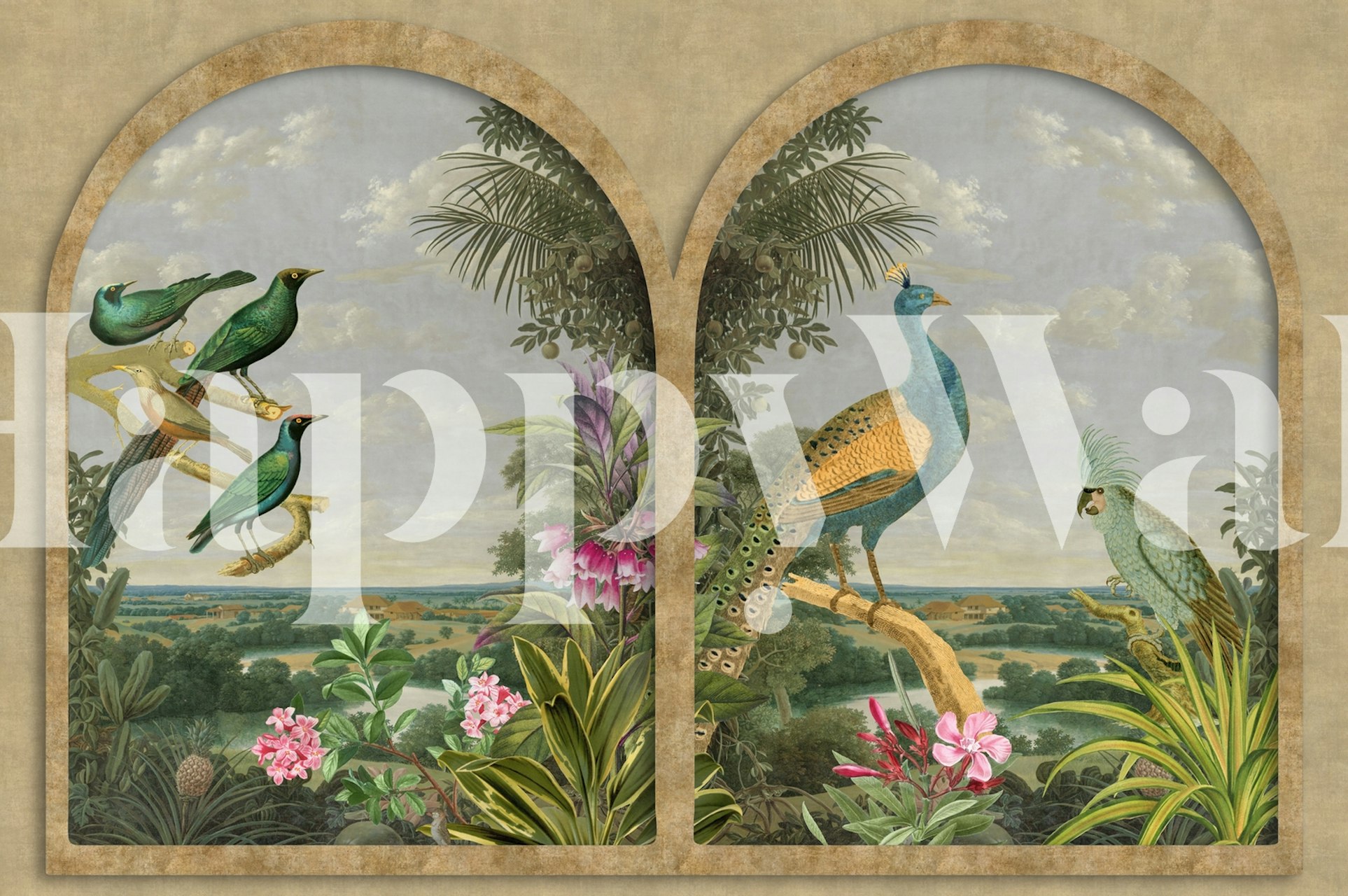 Carta da parati con una scena naturale con uccelli