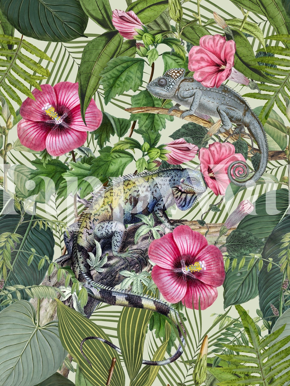 Wall mural with iguanas nestled among tropical green leaves and pink hibiscus flowers