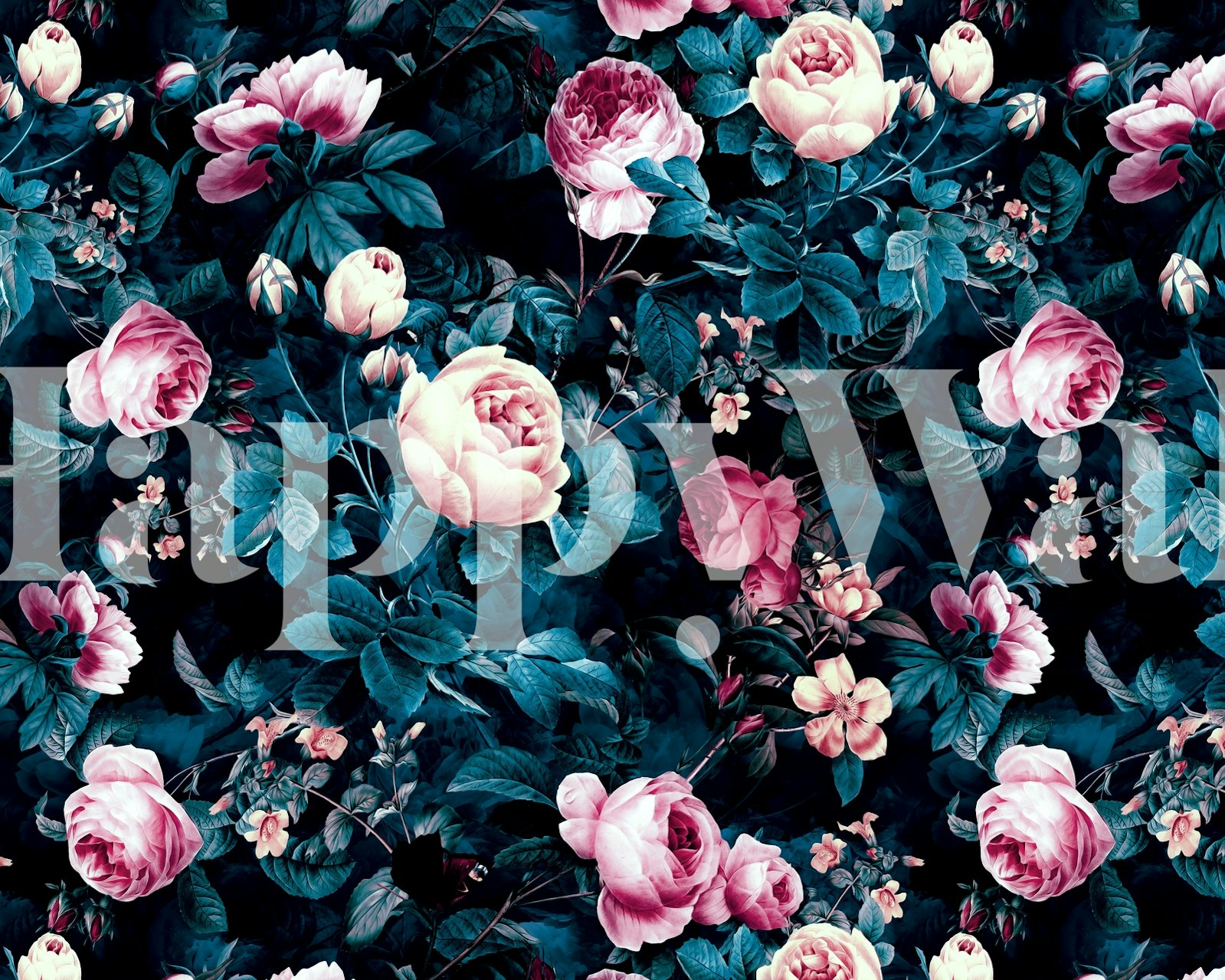 Dark blue floral wallpaper with blooming roses and green leaves