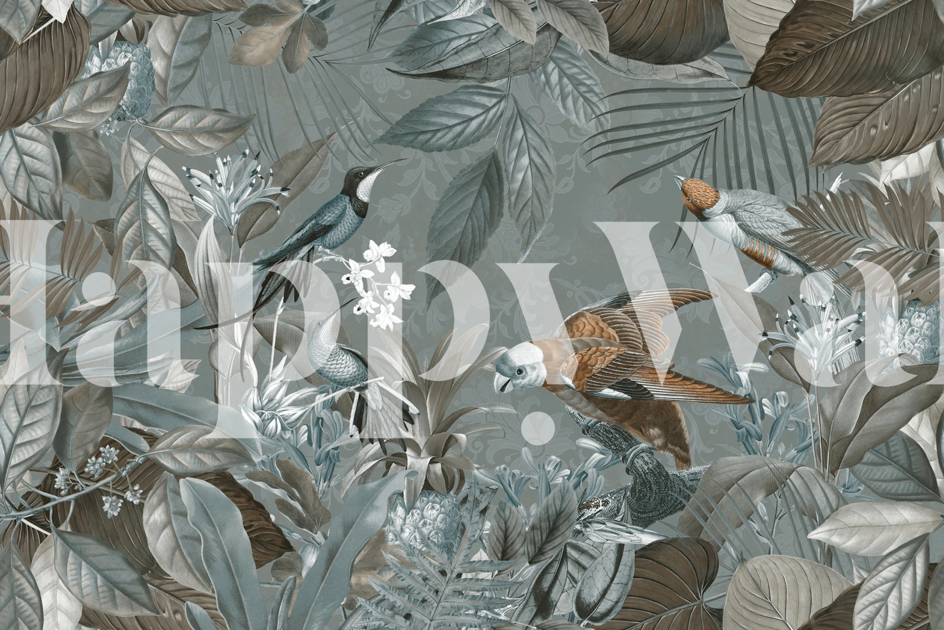 Tropical birds and foliage wall mural in greens and blues