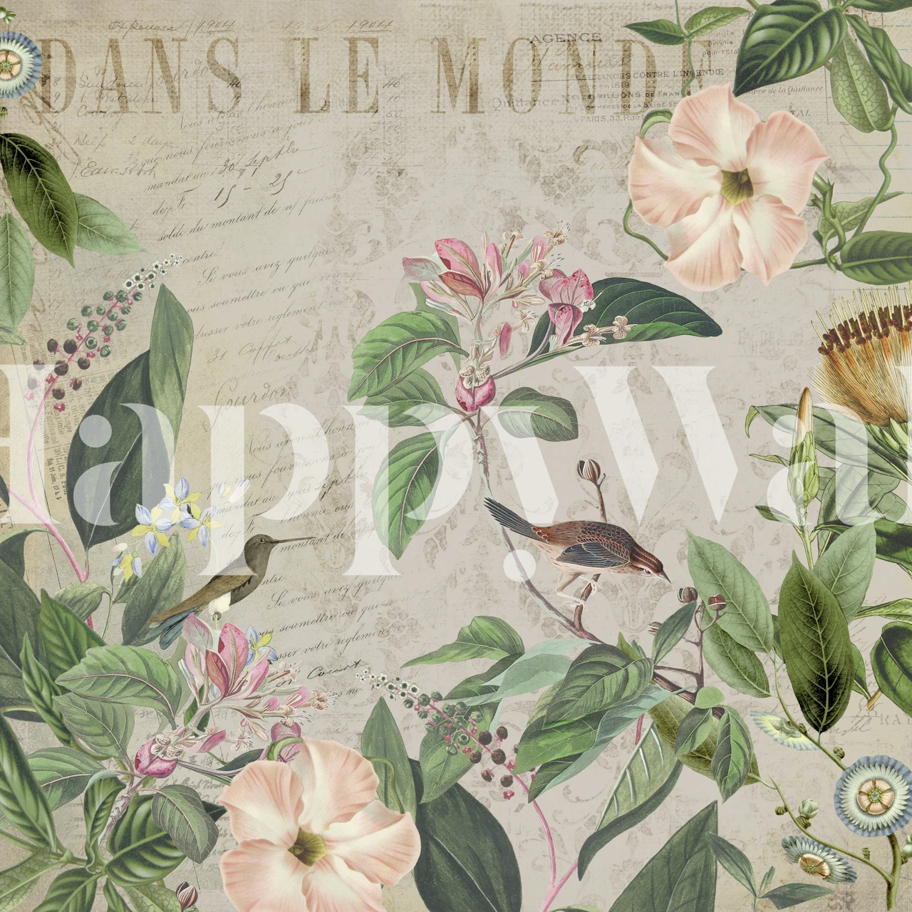 Floral Bird Garden wallpaper with pink flowers and birds