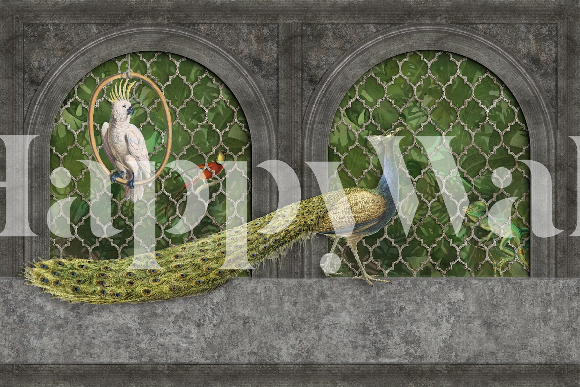 Eleganta påfåglar i ett frodigt djungelpalisadväggmural