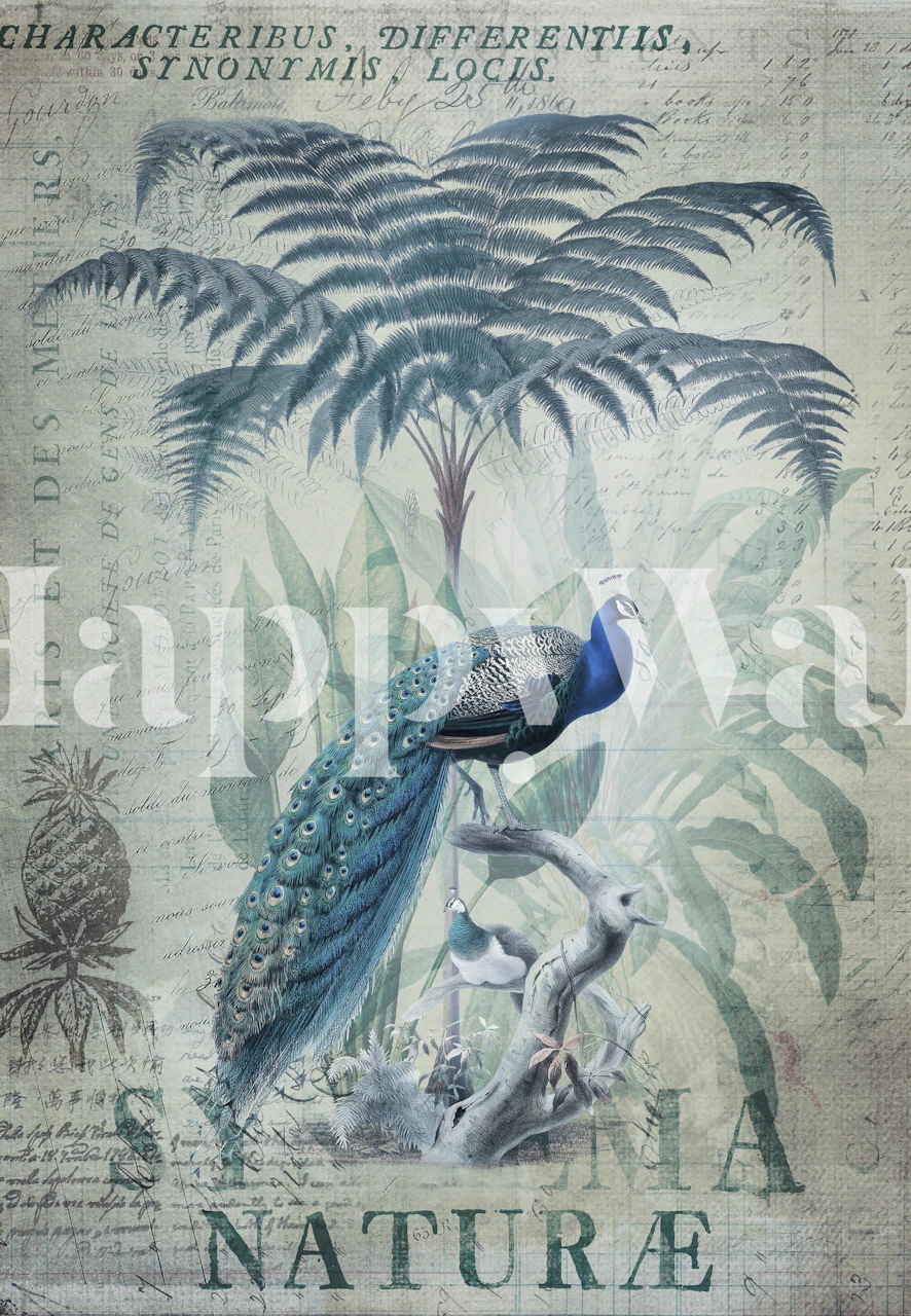 Peacock with tropical plants in green and blue wallpaper
