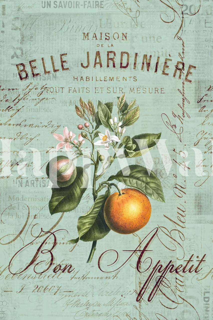 Vintage floral wallpaper with green leaves and orange fruits, decorative text design.