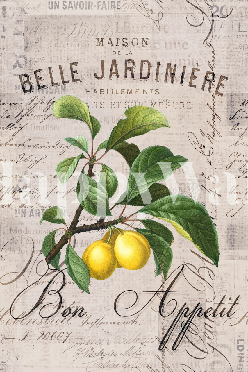 Vintage lemon branches with leaves and script wallpaper