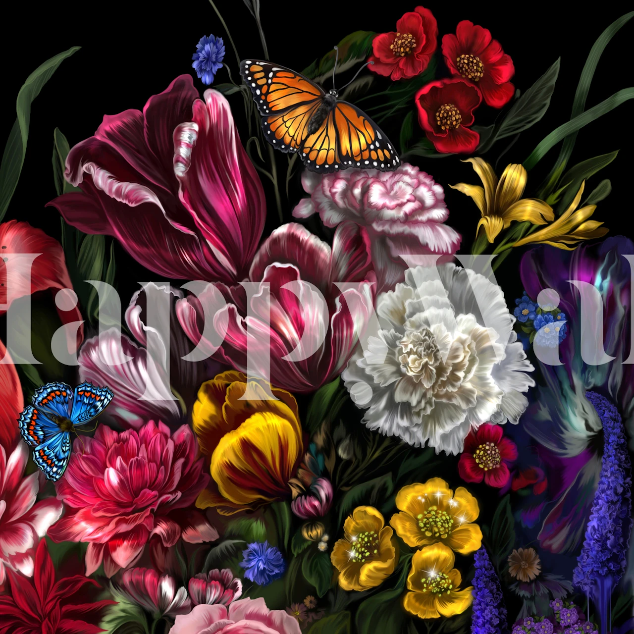 Fleurs colorées roses, violettes et jaunes avec papillons sur fond noir wallpaper