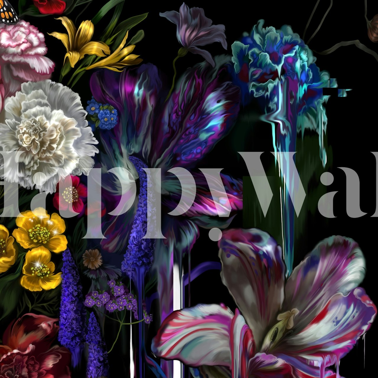 Vibrant floral design with colorful flowers on a black background wallpaper