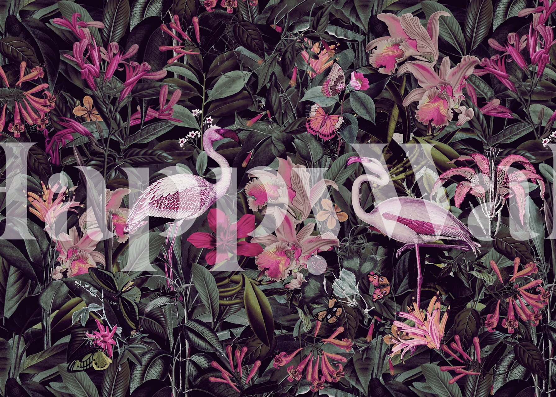 Tropical floral wallpaper featuring pink flamingos, lush green leaves, and vibrant flowers