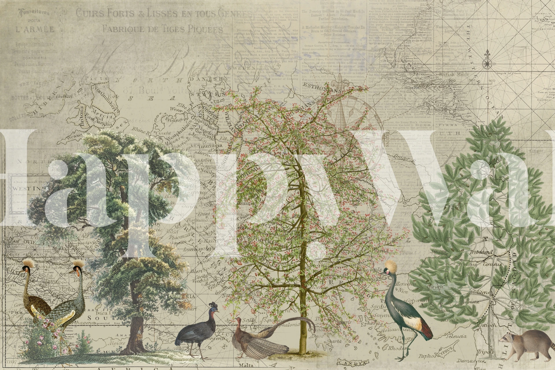 Illustration of trees and birds in natural colors wallpaper