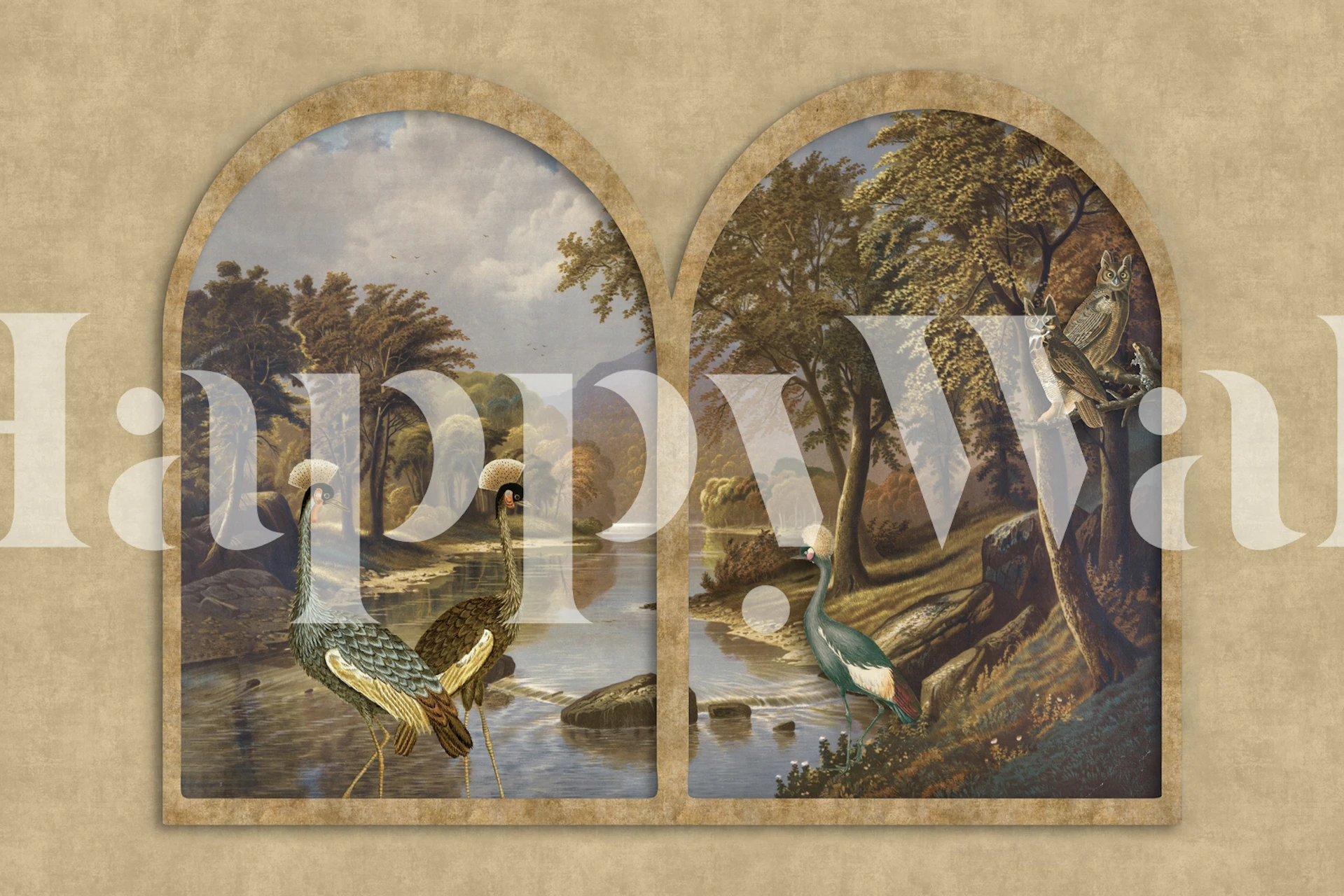 Cranes by a river in a serene landscape wallpaper