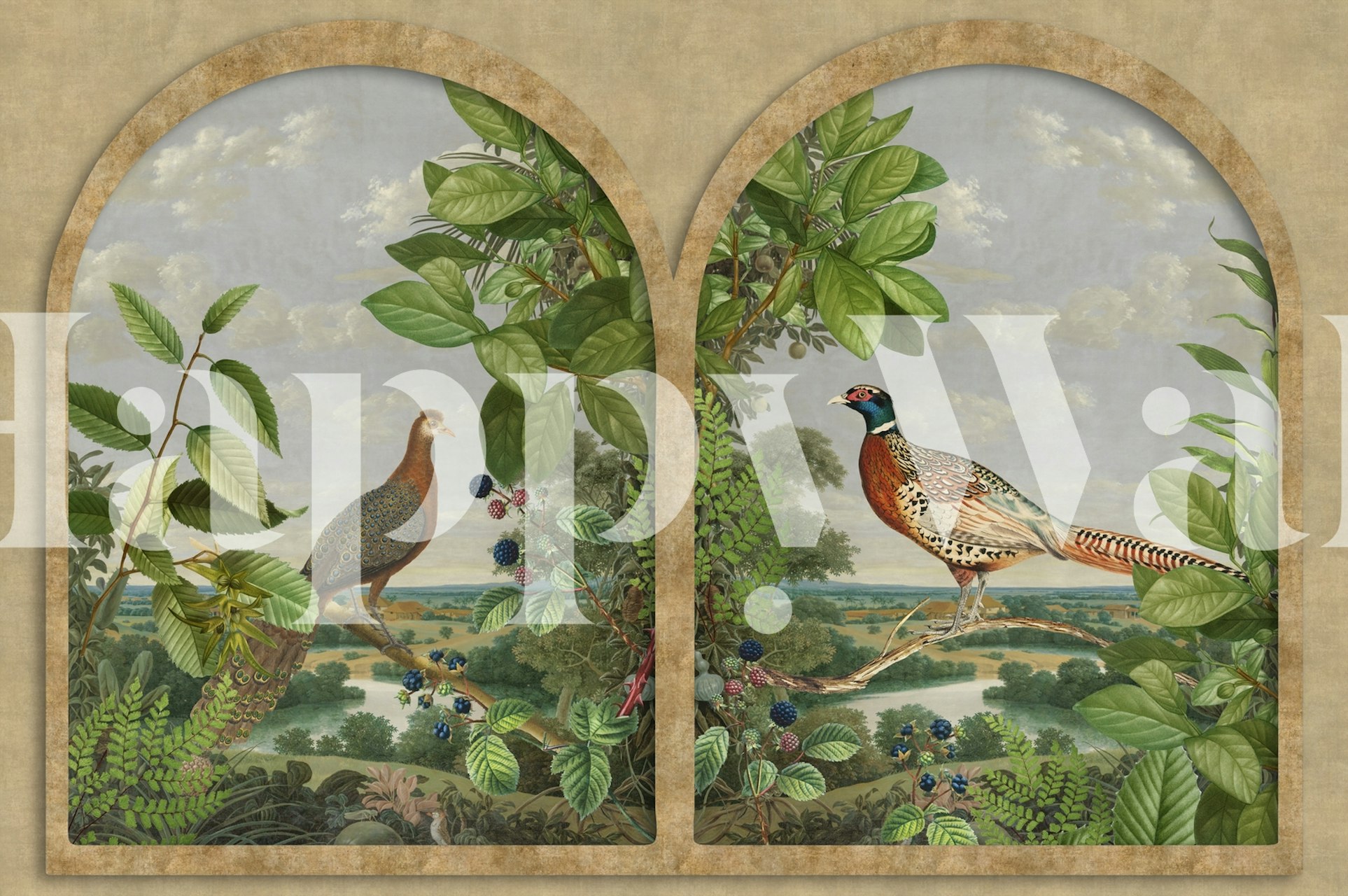 Pheasant and partridge with greenery and landscape wallpaper