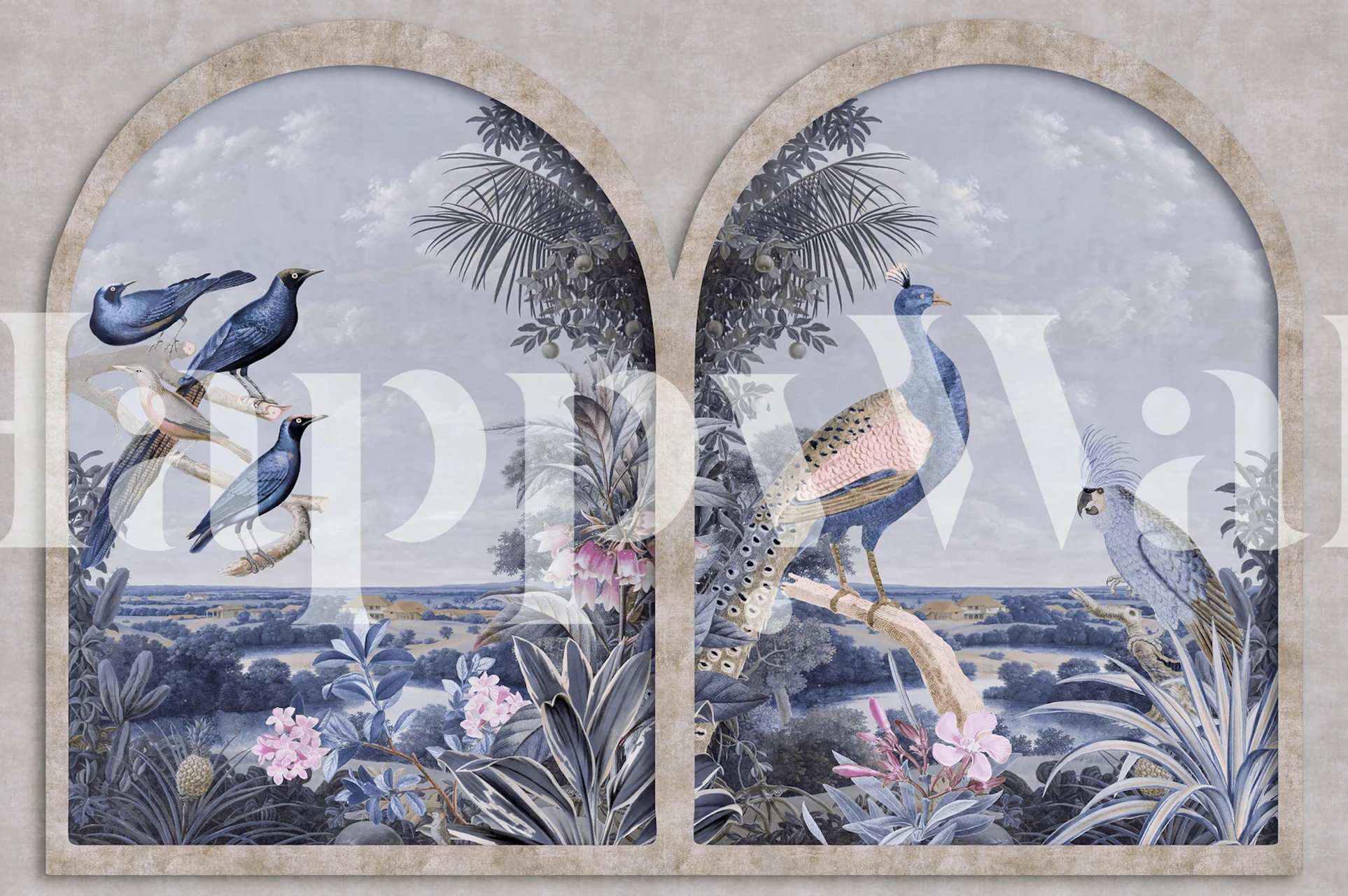 Elegant wallpaper with birds and lush landscapes.