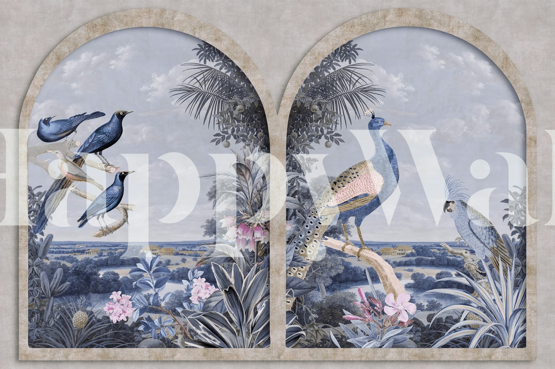 Elegantti tapetti, jossa on lintuja ja reheviä maisemia.