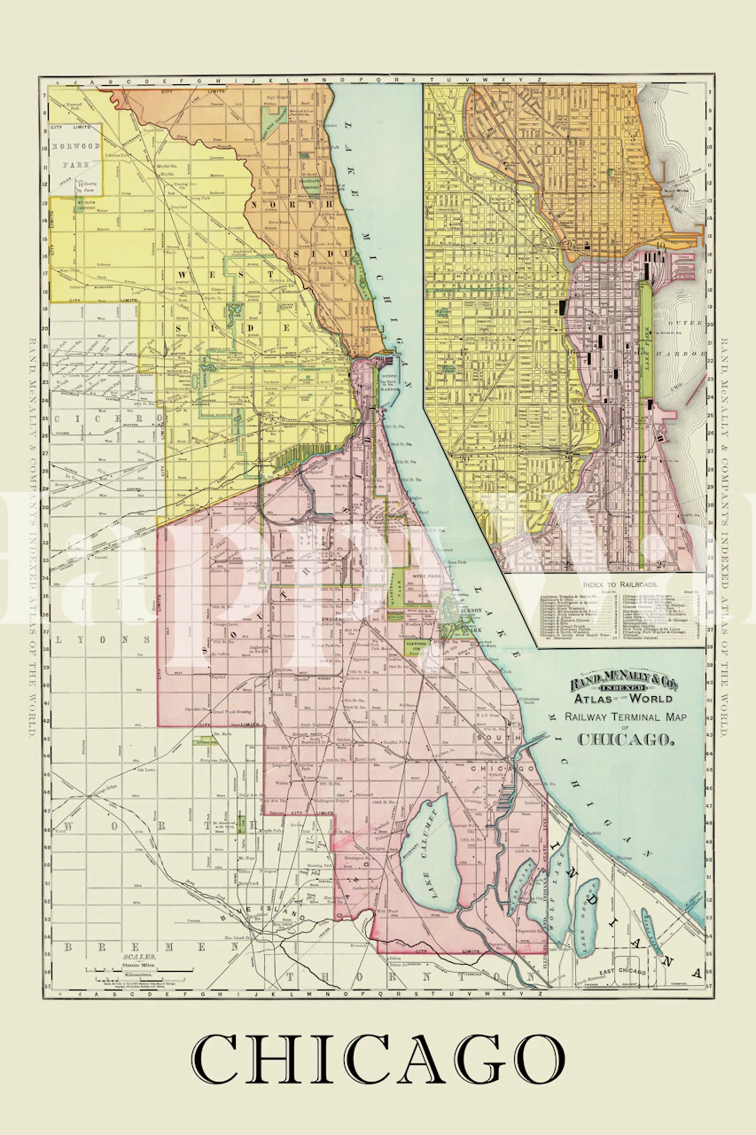 Vintage map of Chicago in beige, pink, and yellow tones wallpaper