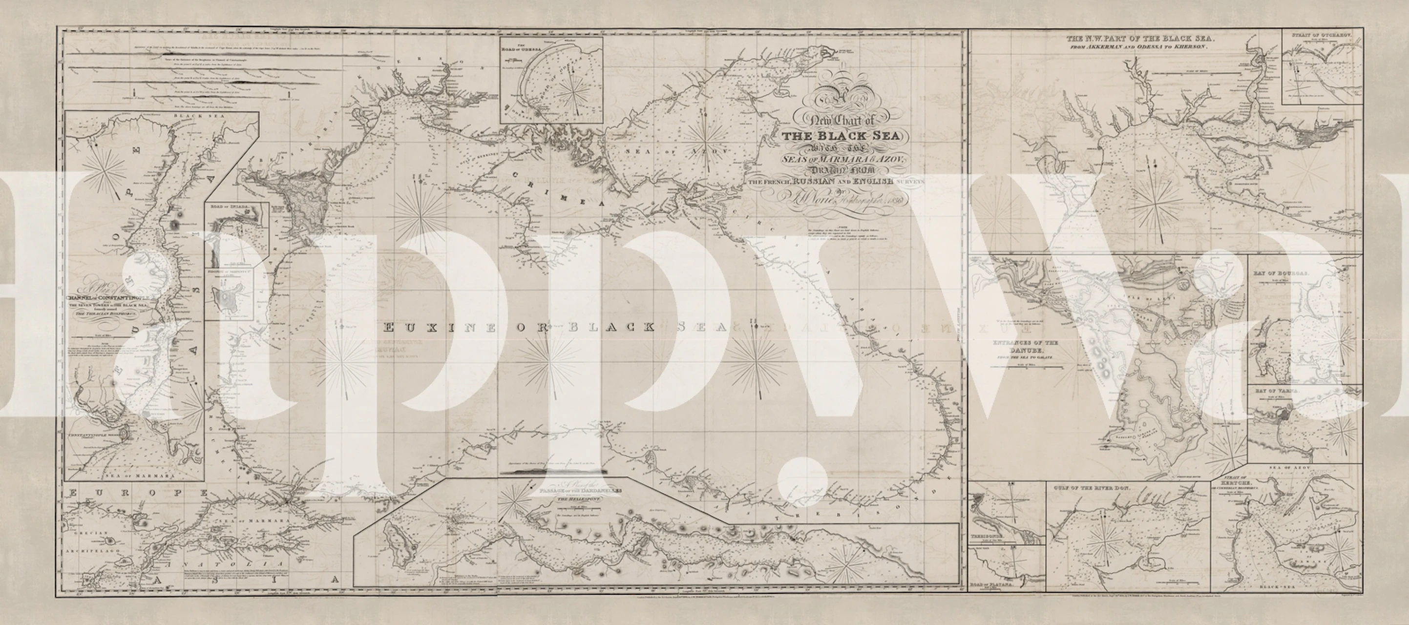 Vintage cartografische muurschildering van de Zwarte Zee met ingewikkelde geografische details