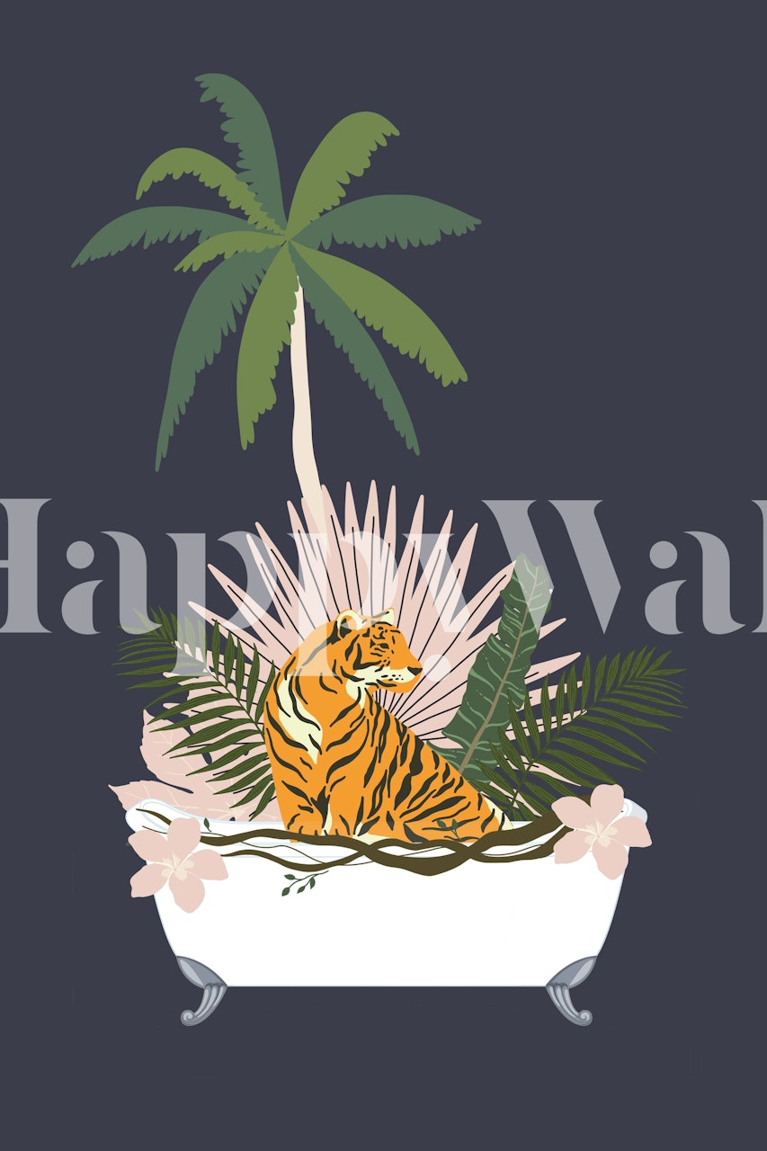 Tiger in bathtub surrounded by tropical plants and flowers, colorful wallpaper