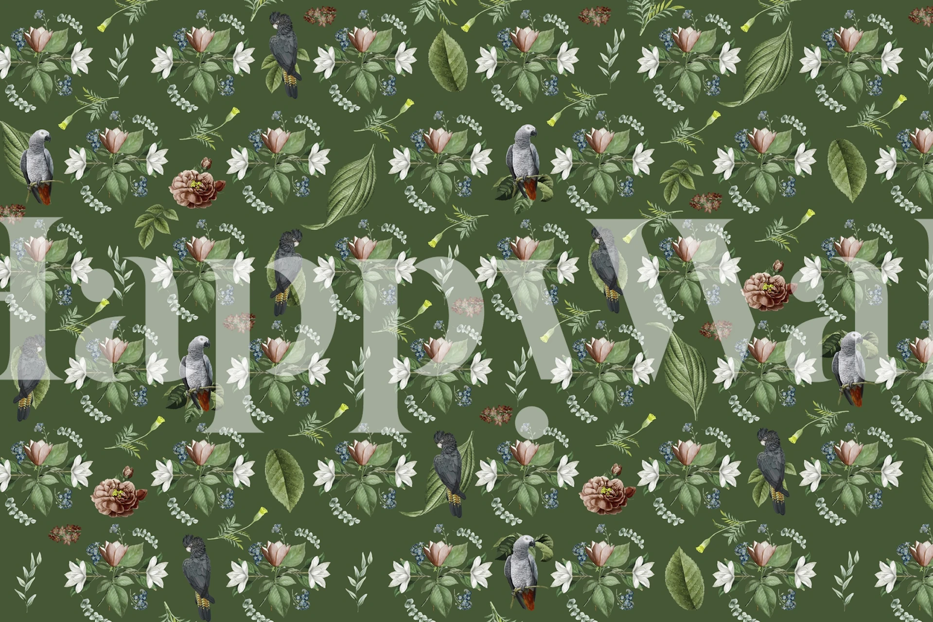 Green background wallpaper with white and pink flowers, leaves, and birds.