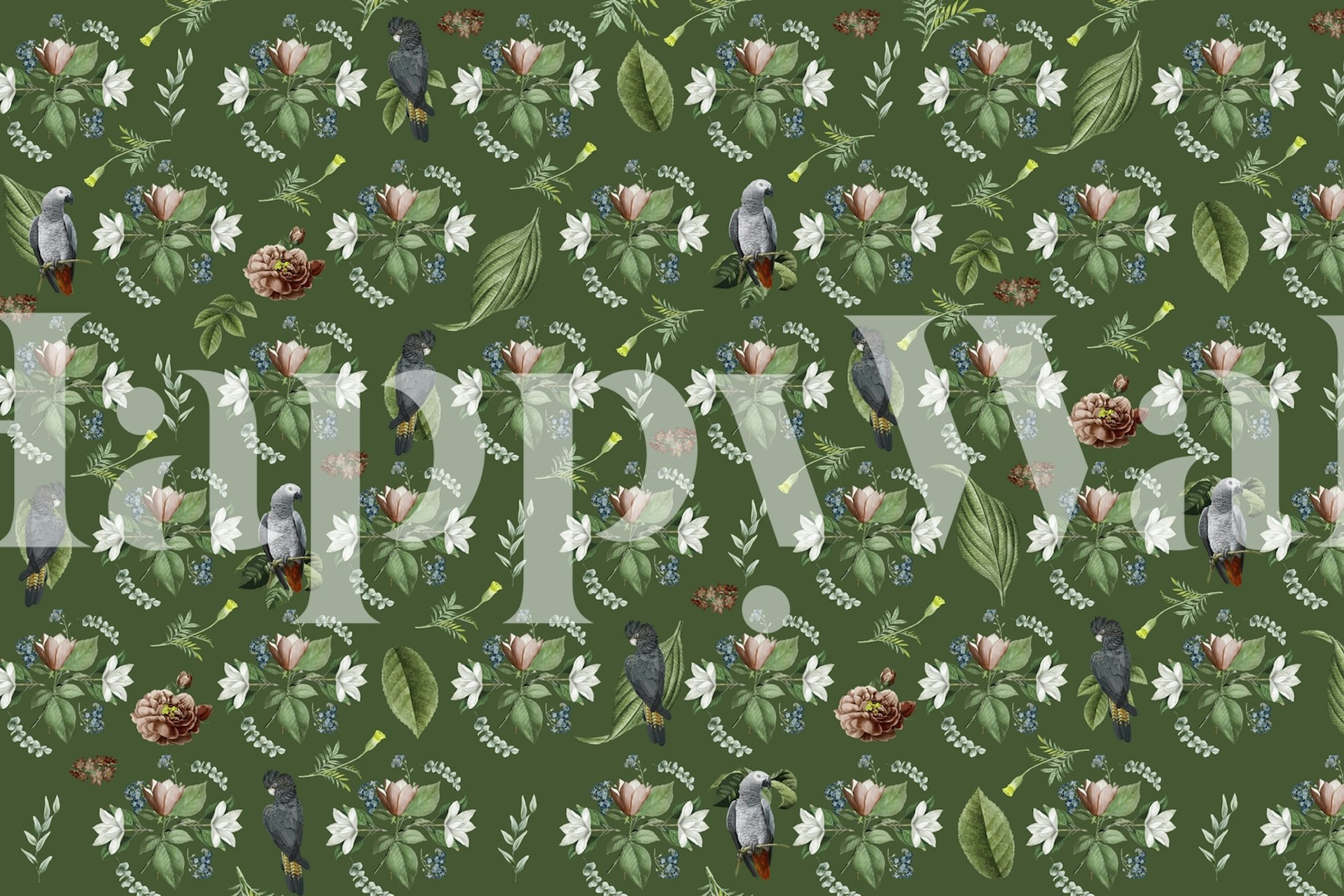 Fotomural vinílico de parede de pássaros nidificando com folhagem verde e flores brancas.