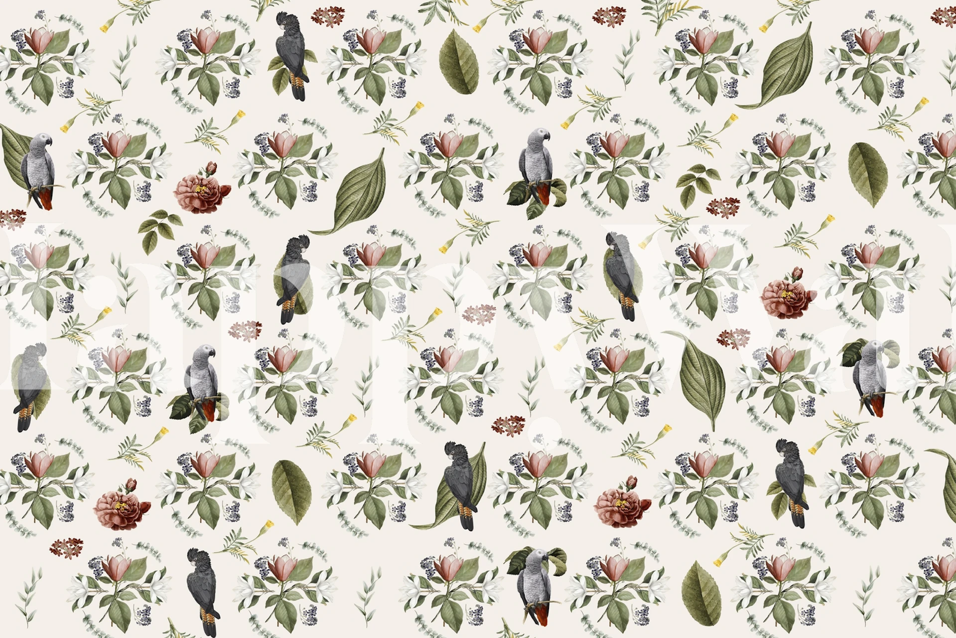 Birds and floral motifs on cream background wallpaper