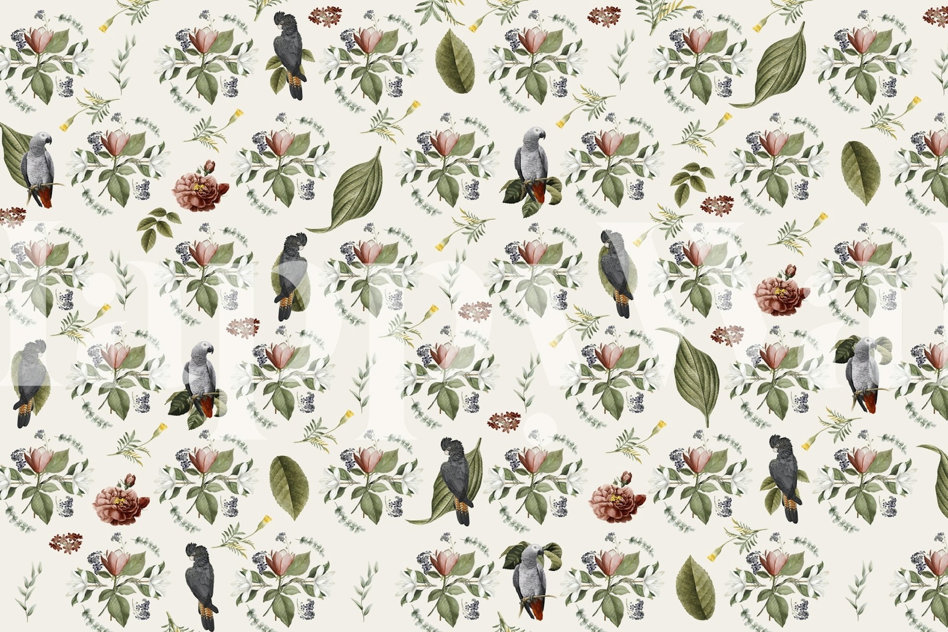 Birds and floral motifs on cream background wallpaper