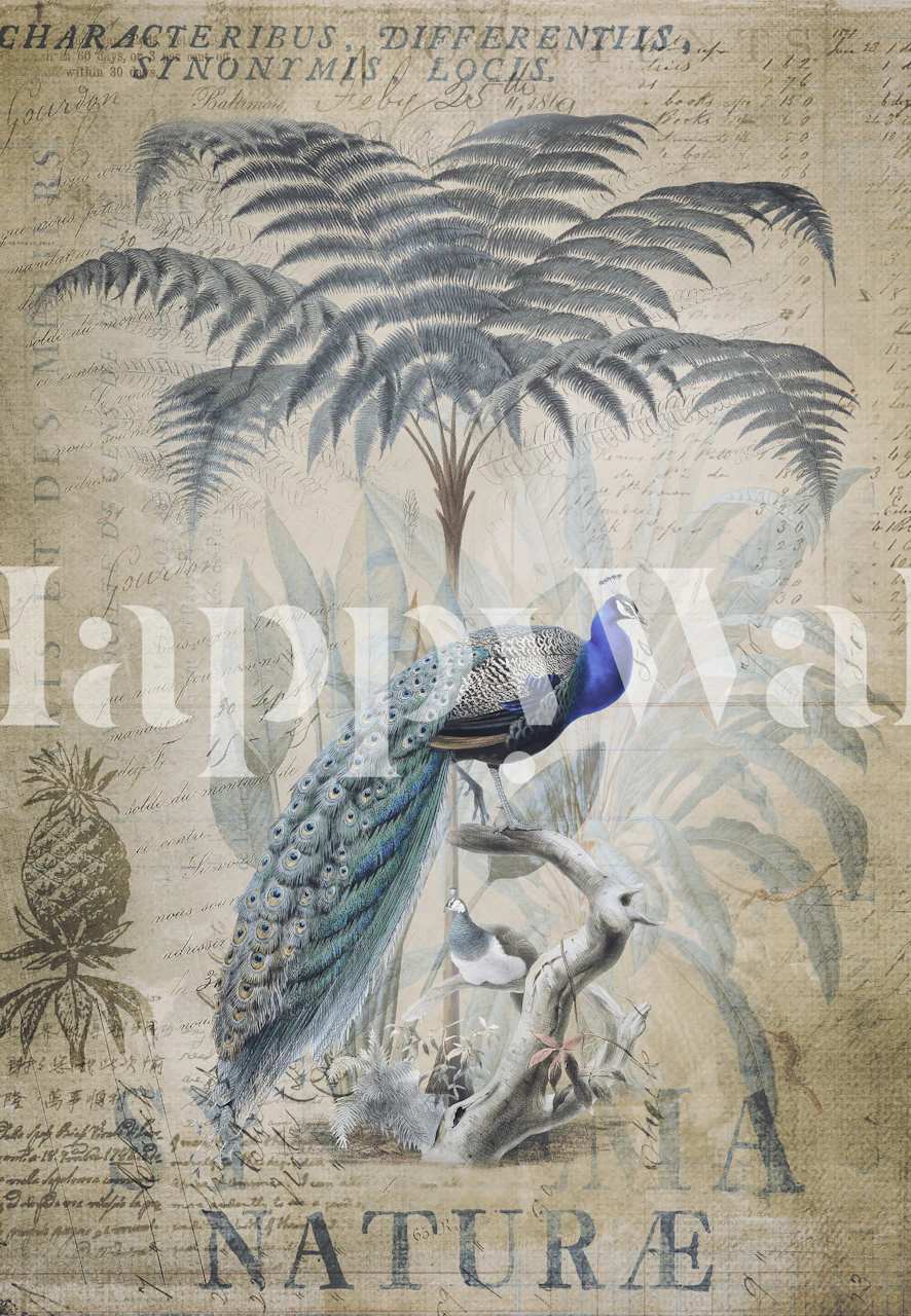 Fototapeta Páv s tropickými palmami na vinobraní pozadí