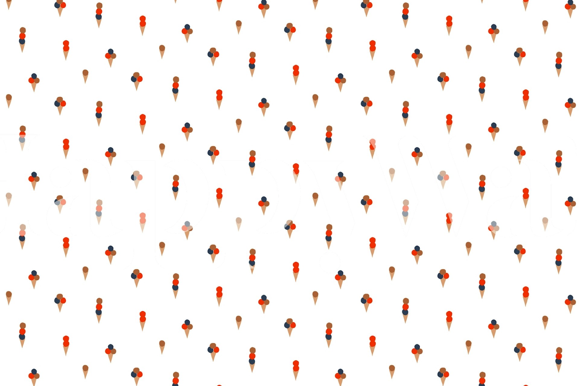 Ice cream cones in red, blue, and brown on white wallpaper