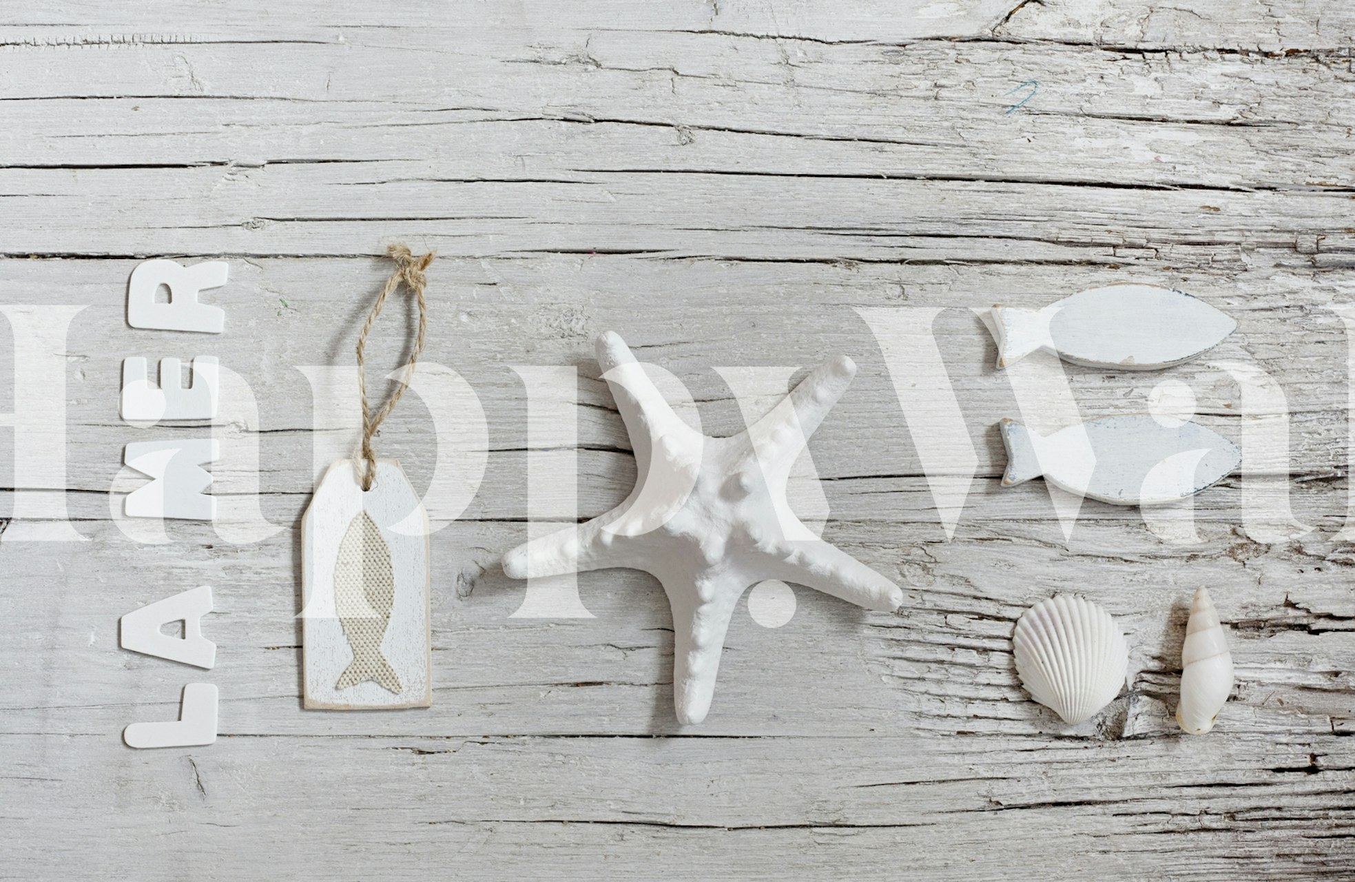 La Mer Beach Collage Art s hvězdicemi a mušlemi na dřevěném pozadí