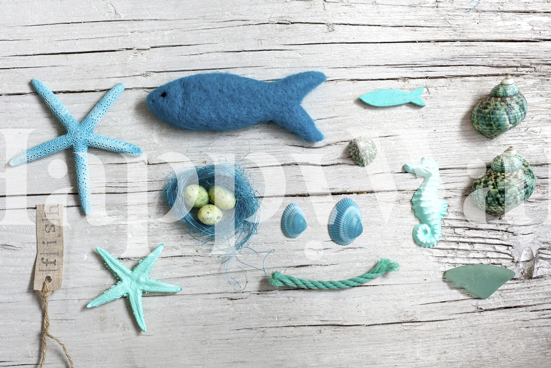 Kystinspireret Ocean Jetsam Collage Art-vægmaleri med marine elementer på en træbaggrund