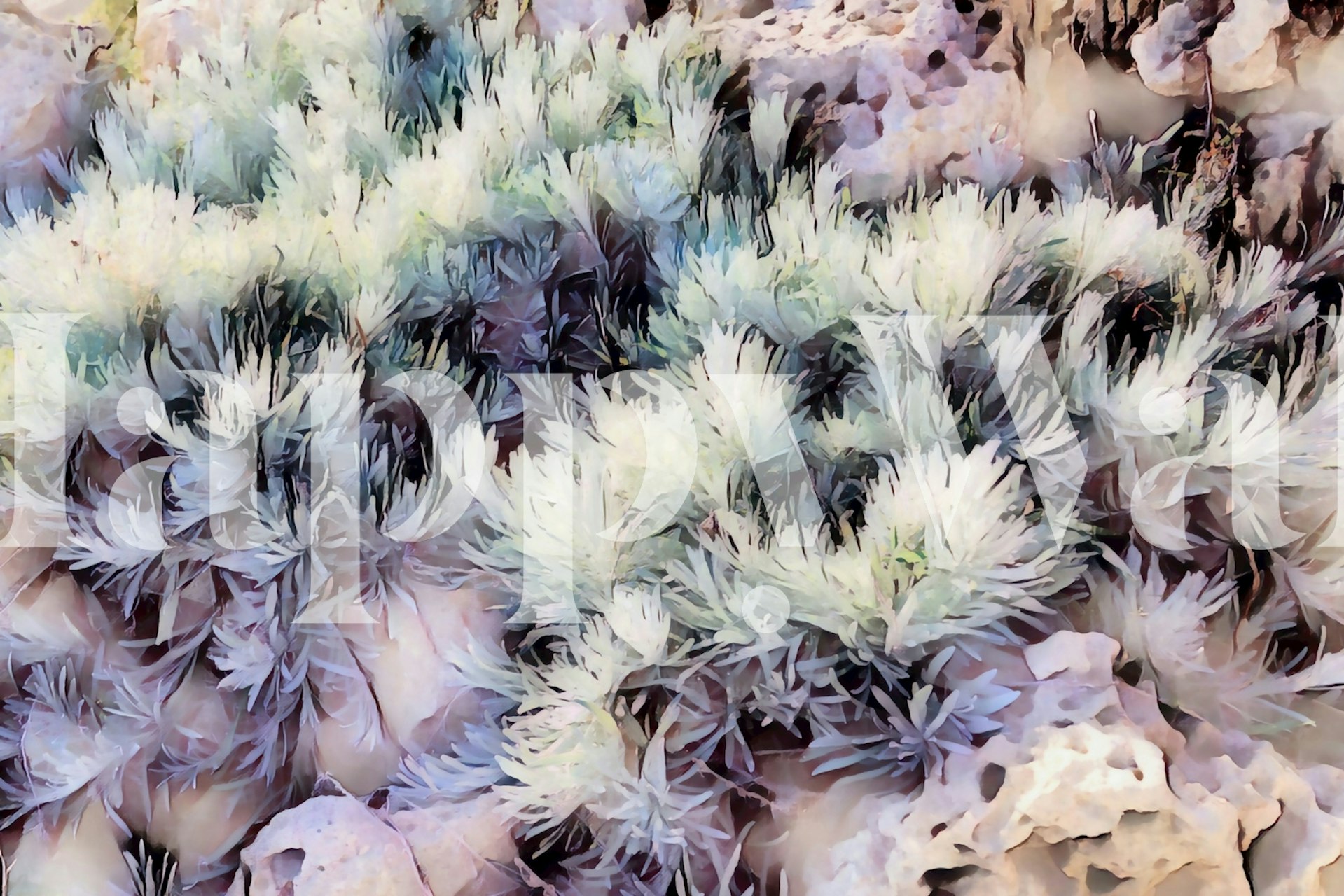 Soft-hued lavender field wall mural with soothing purples and greens for home decor