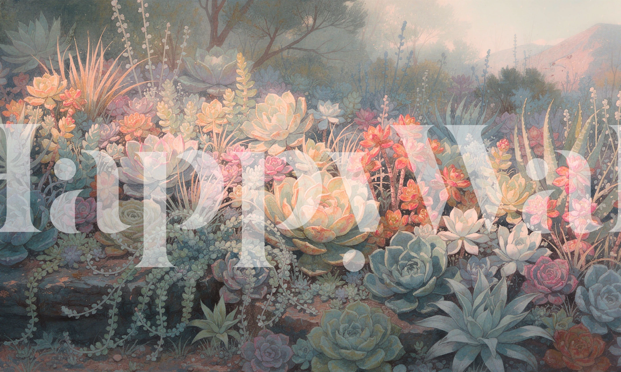 Succulent garden wallpaper in a softly styled room