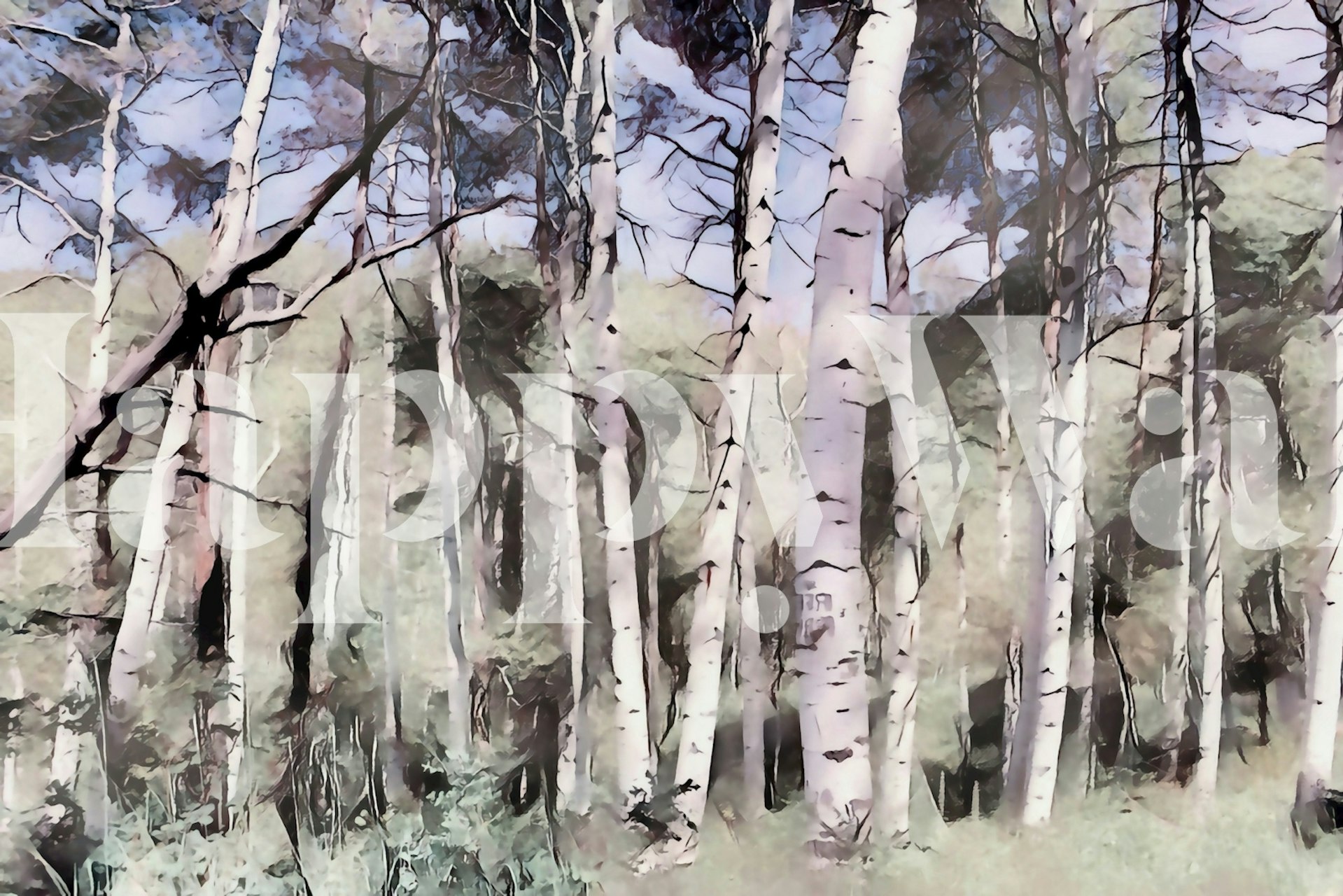 Eterisk akvarellmaleri av et veggmaleri i bjørkeskog