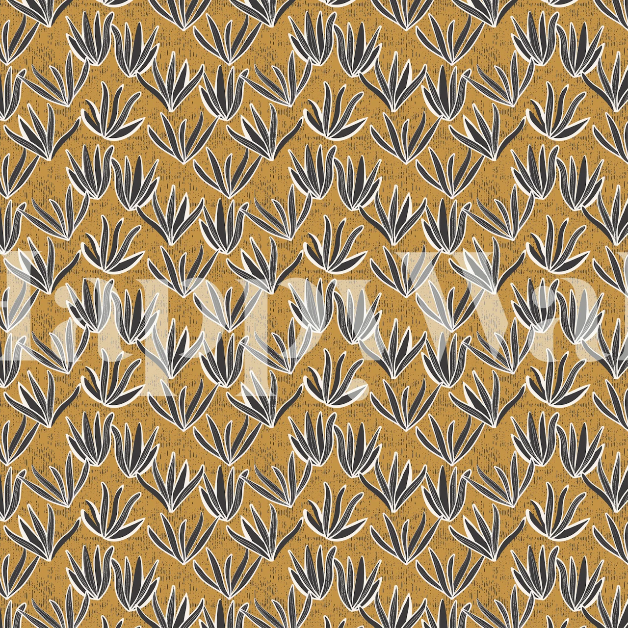 Botanical leaf pattern in black on yellow background wallpaper