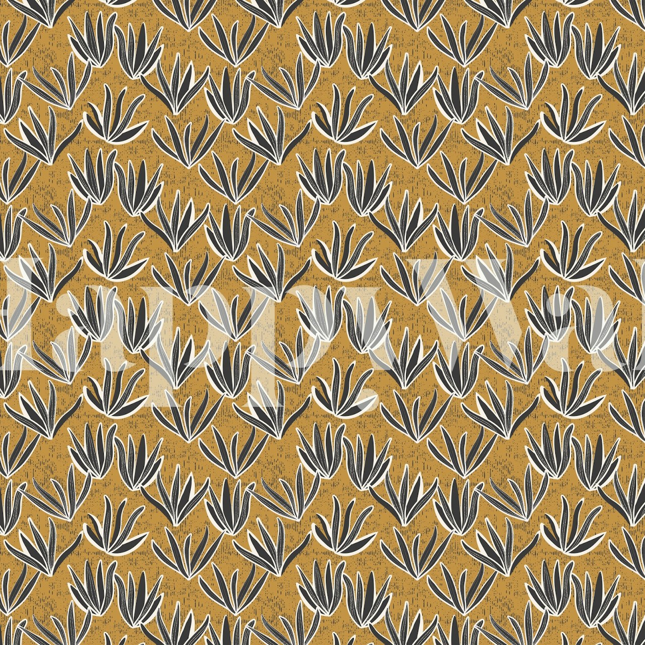 Botanical leaf pattern in black on yellow background wallpaper