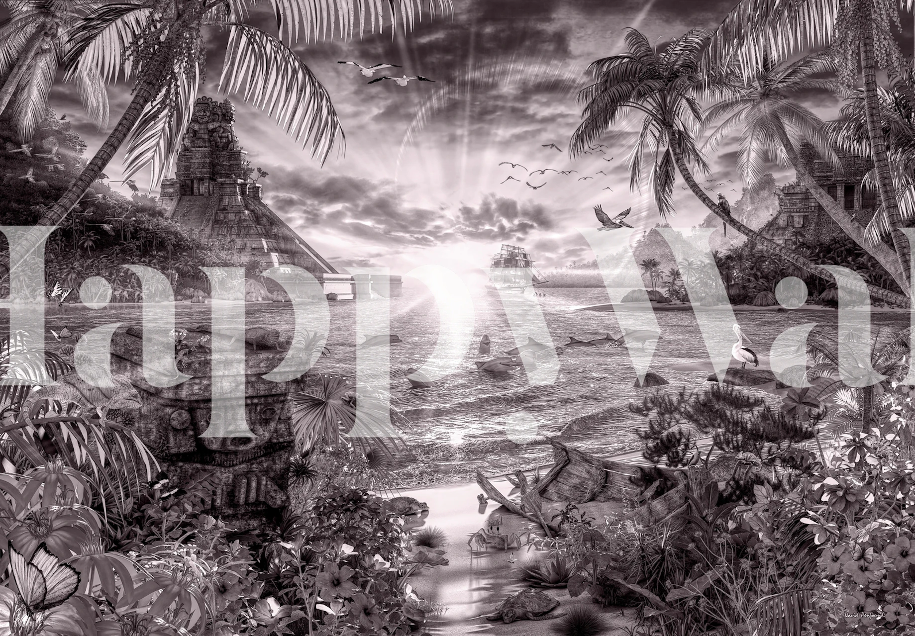 Svart og hvitt veggmaleri av en mystisk palmekantet bukt med solstråler som stikker gjennom løvet.