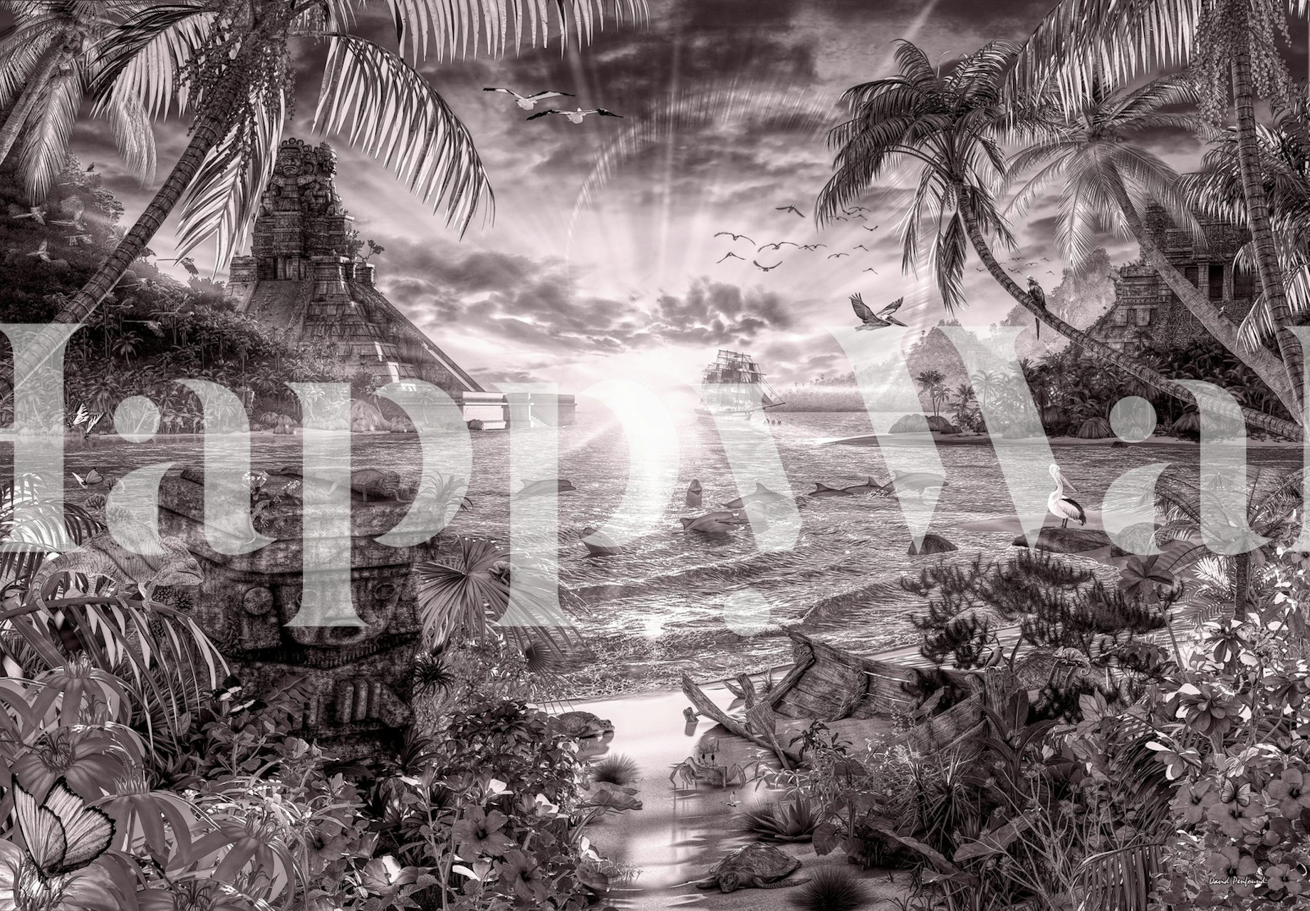 Black and white mural of a mystical palm-fringed bay with sun rays piercing through the foliage.