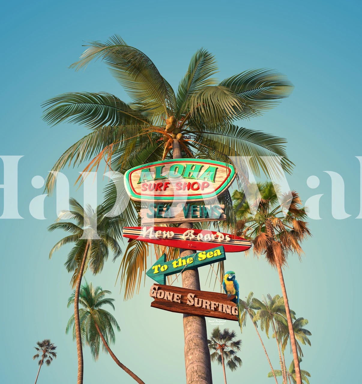 Tropical Aloha Surf Shop sign with palm trees in bright colors wallpaper