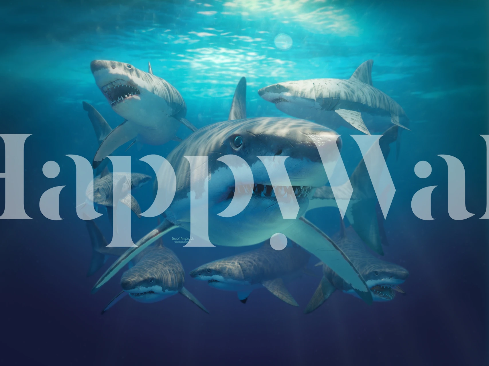 Underwater scene with a group of great white sharks swimming