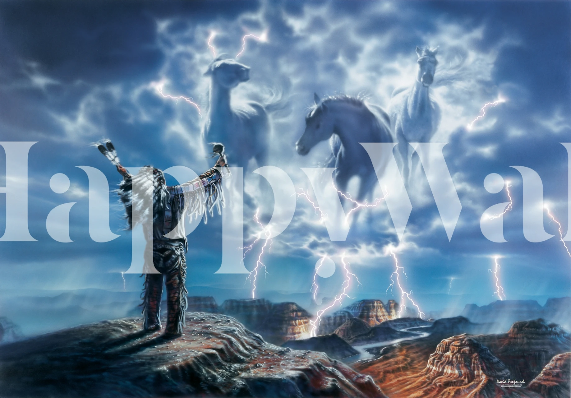 Native American figure with mystical horses in stormy clouds wallpaper