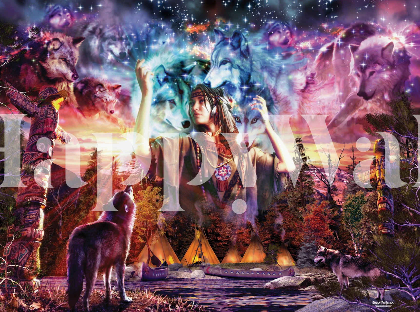 Wolf Maiden mystical wallpaper in a room