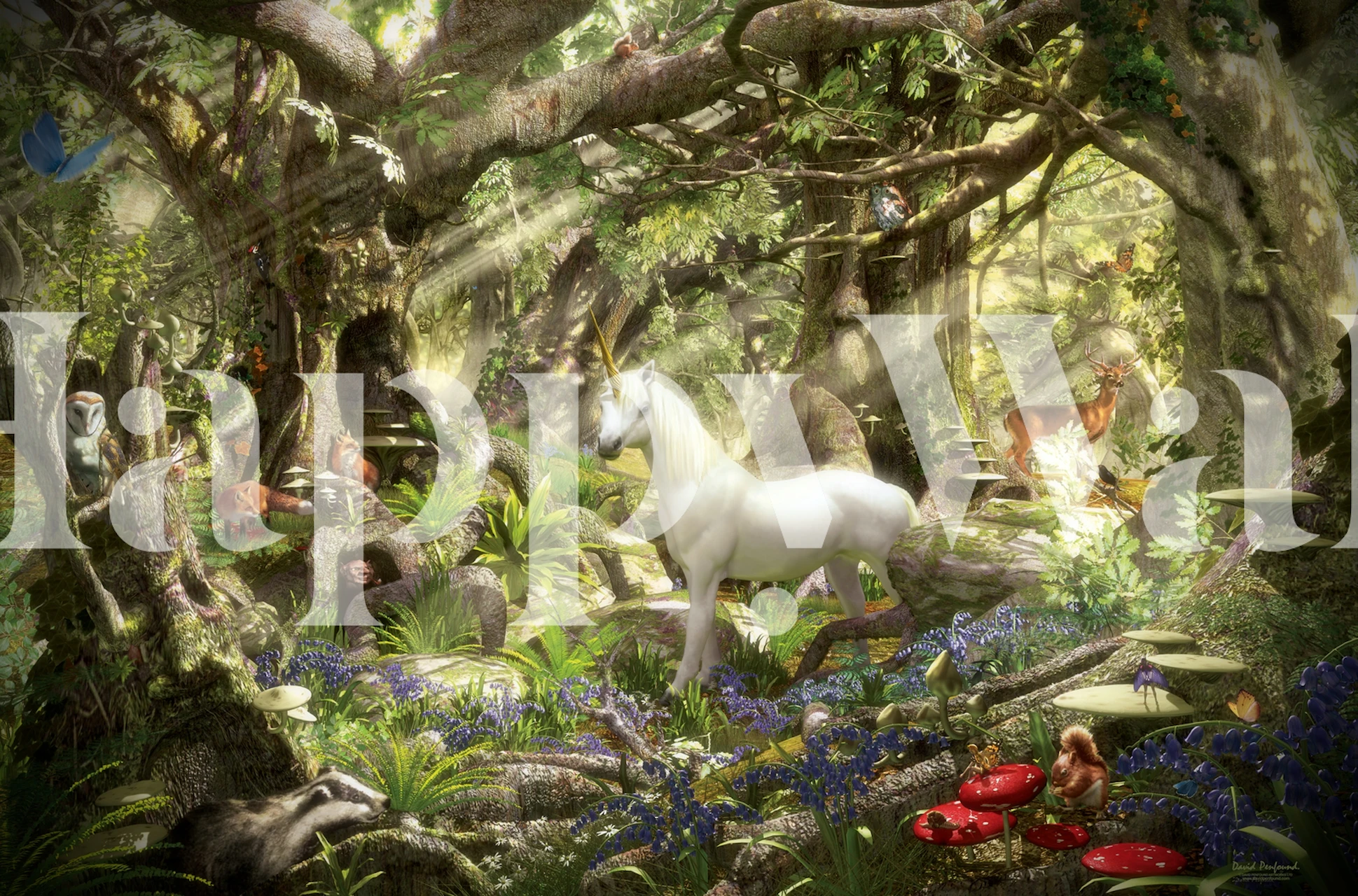 Unicorn Sanctuary wallpaper featuring a white unicorn in a lush green forest with flowers and animals.